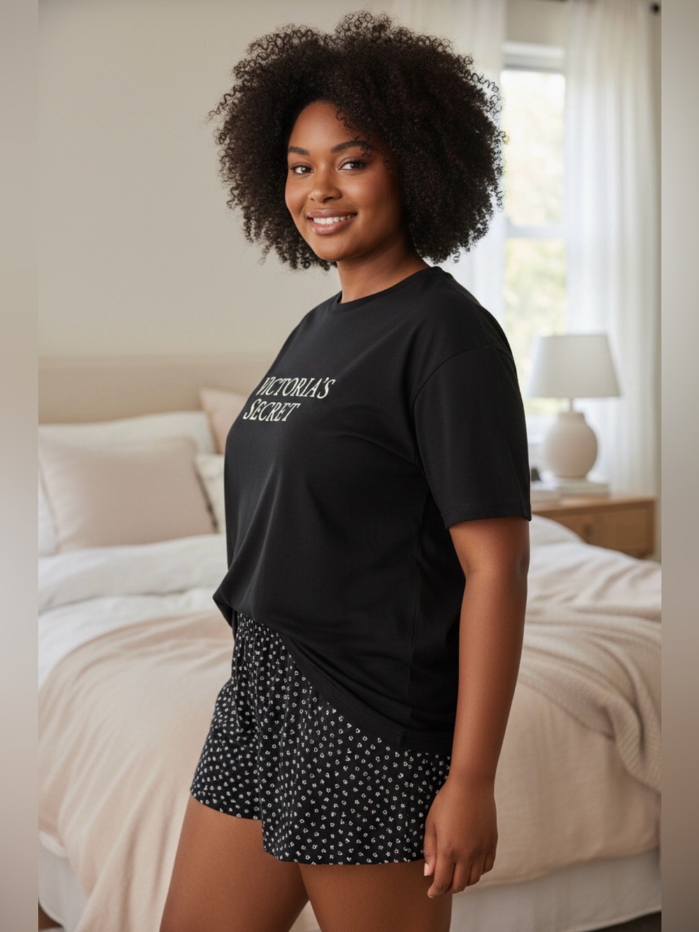 Victoria’s Secret Pajama Crew Top Logo VS & Cotton Shorts Black Large